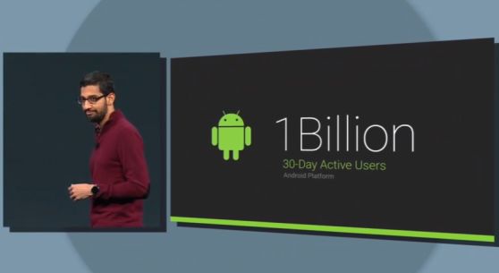 Google senior vice president Sundar Pichai with a slide boasting of Android's 1 billion users.