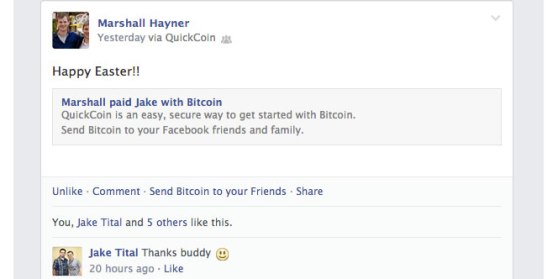 Facebook feed after receiving BitCoin.