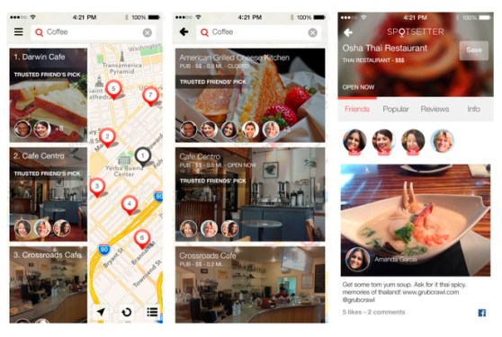 Screenshots of Spotsetter's now shuttered social map searching mobile app.