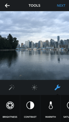 A screenshot of Instagram's new photo editing tools.