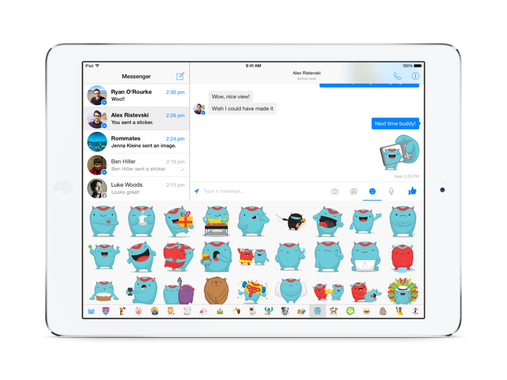 Facebook Messenger for iPad support stickers, like the smartphone version of the app.