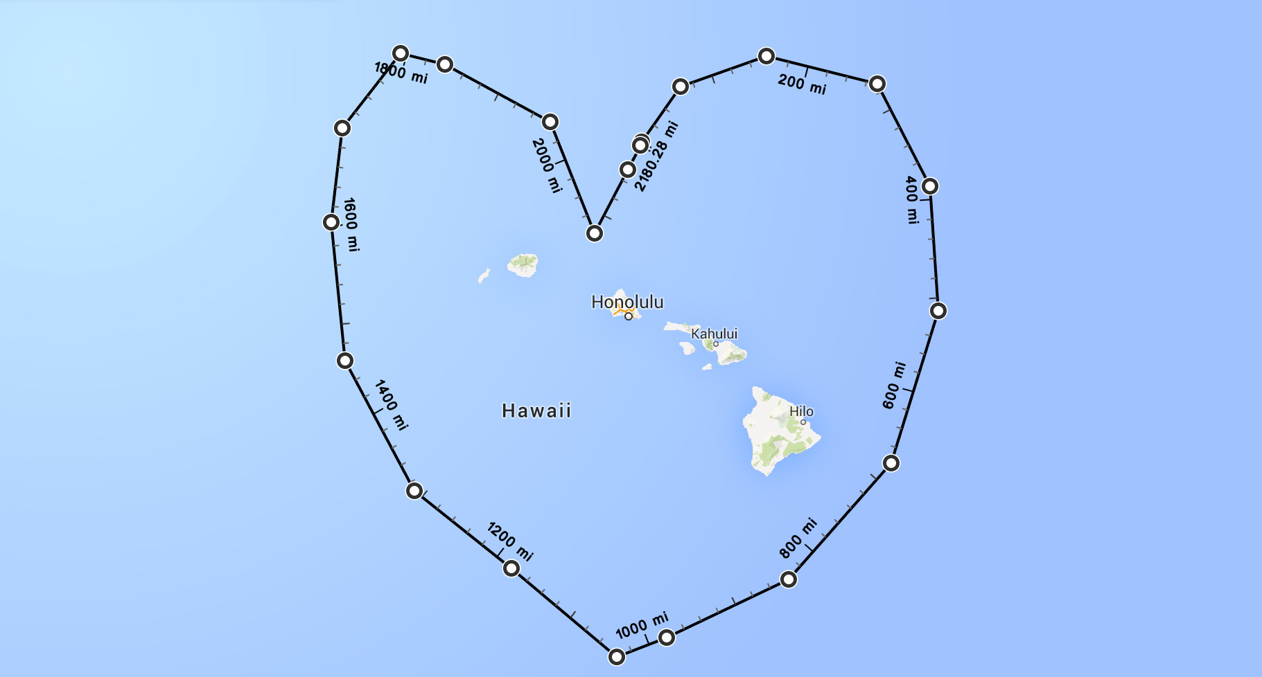 Google Maps' measurement tool shows how far you have to travel to demonstrate your love for Hawaii.