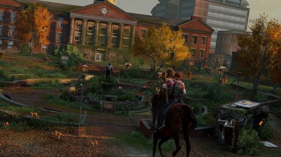 Joel and Ellie on horseback in The Last of Us Remastered.