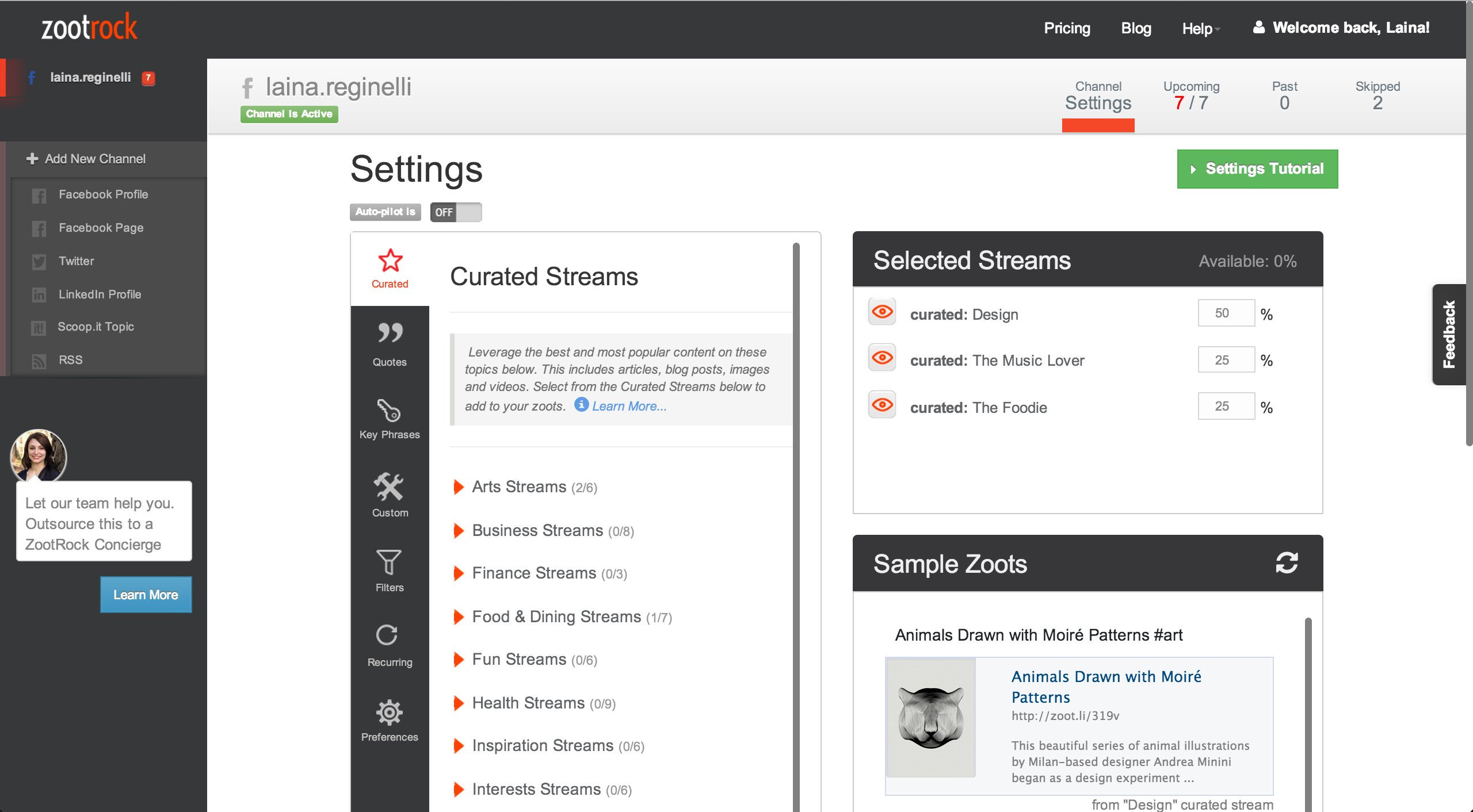 The ZootRock dashboard.