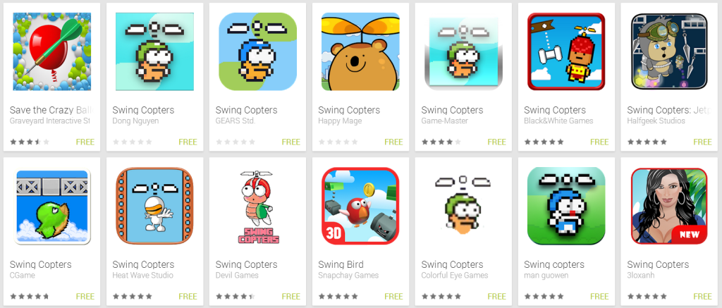 More than a dozen games using the Swing Copters name yesterday on Google Play.