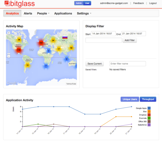 Bitglass gives IT administrators a dashboard for monitoring application activity for cloud and mobile apps.