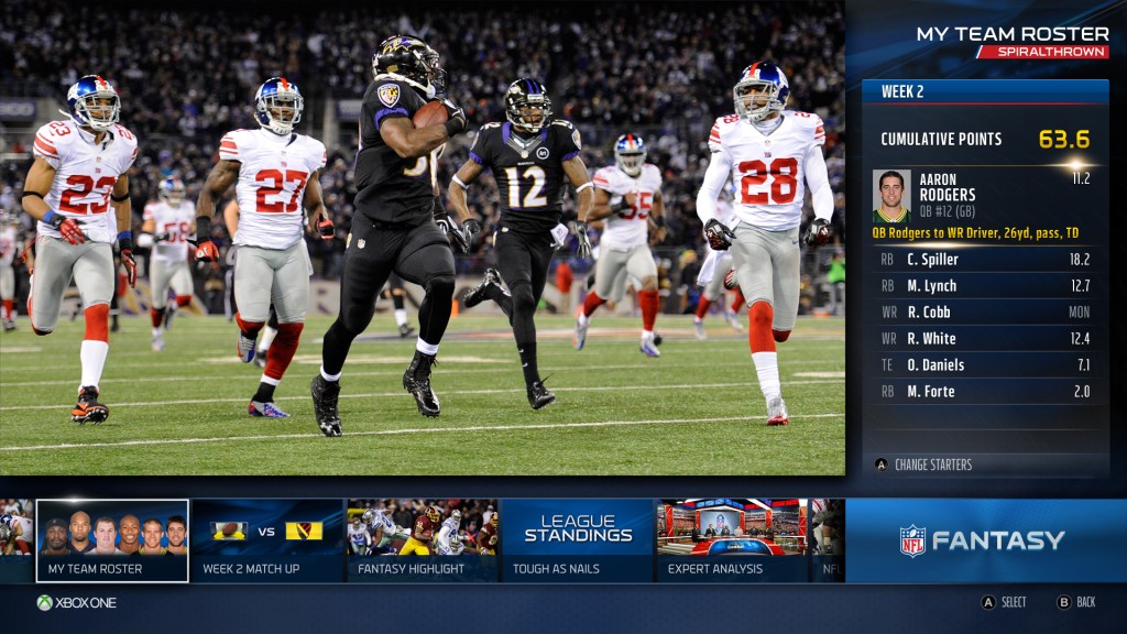 Fantasy football using the NFL app on Xbox One.