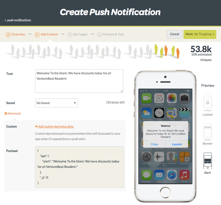 A sample SWRVE screen for an iBeacon campaign