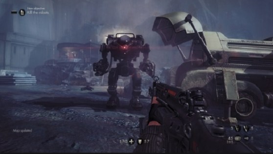 Wolfenstein; The New Order robot battle. You have to defeat two of these guys.