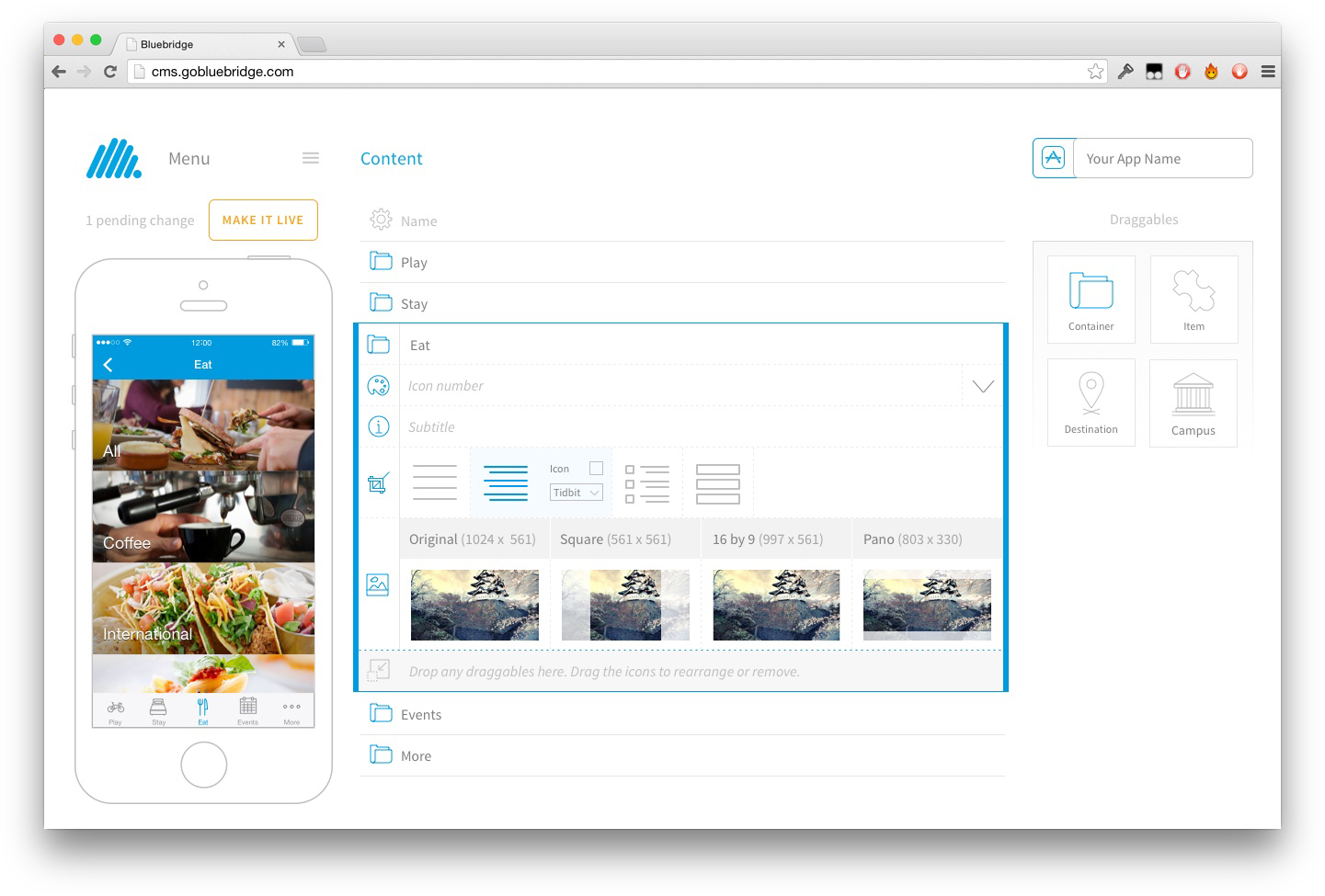 A screen from Bluebridge's DIY mobile management platform.