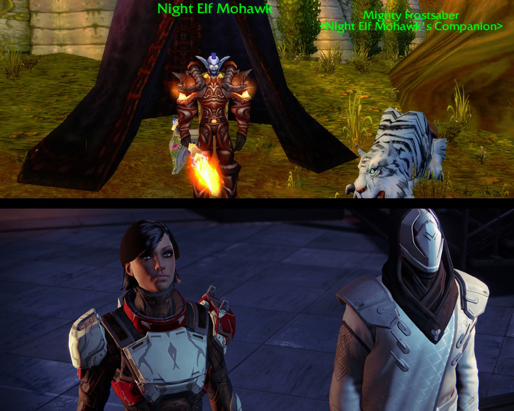 WoW likes to joke around, while everyone in Destiny is usually dramatically looking at something in the distance.