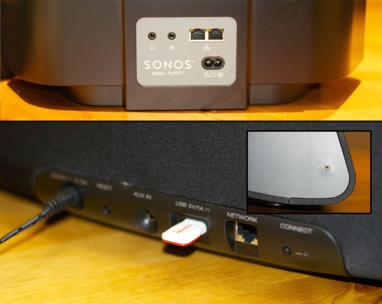 The Sonos Play:5 (above) has the most inputs of any Sonos speaker. All HEOS speakers have the same ports except for the HEOS 7 (inset) which offers a headphone jack as well.