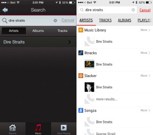 HEOS (left) can only return search results based on the source you've selected. Sonos (right) can search them all.