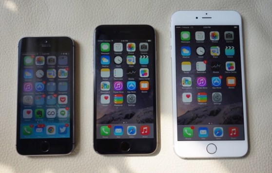 From left to right: Apple's iPhone 5S, 6, and 6 Plus