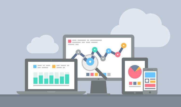 Flat design modern vector illustration concept of website analytics and computing data analysis using modern electronic and mobile devices. Isolated on grey background