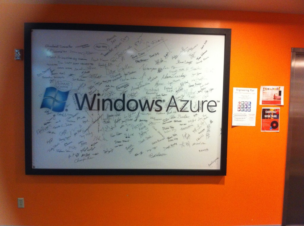A remnant of the time when Microsoft's public cloud, Azure, carried the Windows moniker in its name hangs in building 42 on the Microsoft campus in Redmond, Wash.