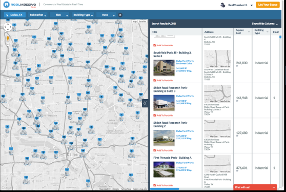 A screenshot of RealMassive's consumer real estate listings map for Dallas.