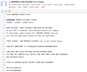 Sample of usernames and passwords allegedly stolen from Dropbox.