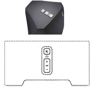 The top panel of the HEOS 3 speaker (top) compared to the schematic in Sonos's patent for a Control Strip for Electronic Appliances (bottom).