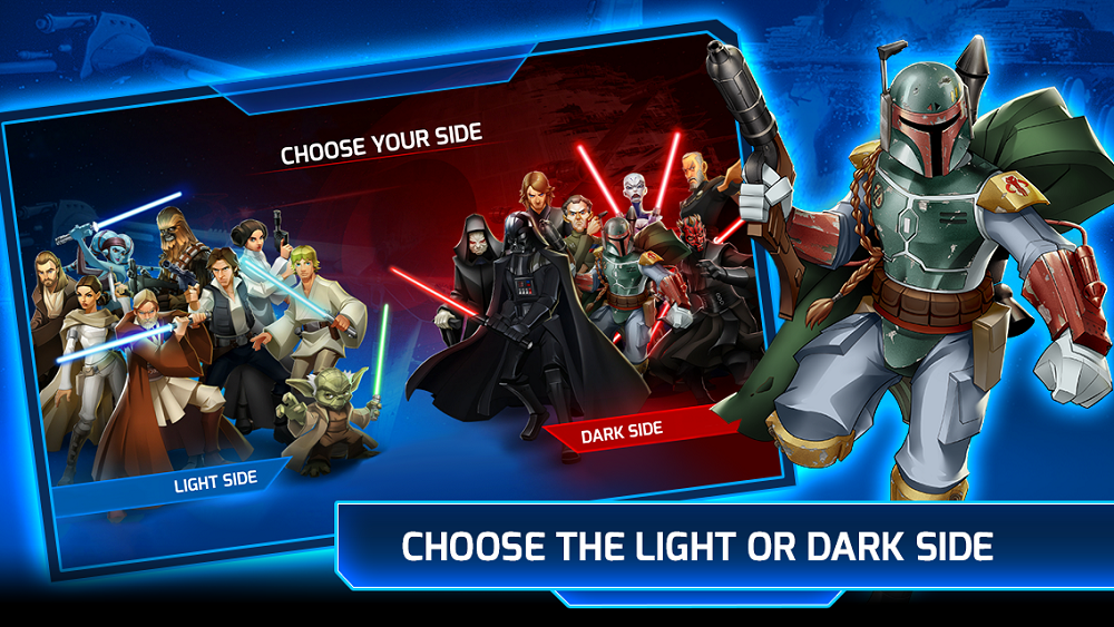 You can play either the Light side or the Dark side in Star Wars: Galactic Defense. 