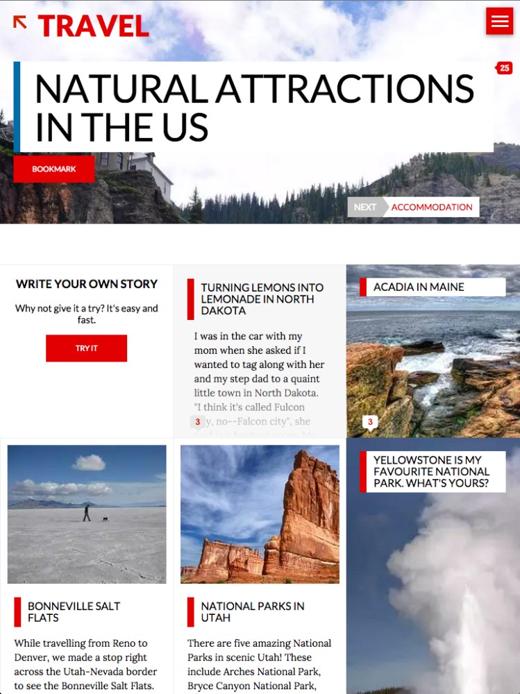 A sample screen from the system-generated Travel section in the StoryBy online magazine.