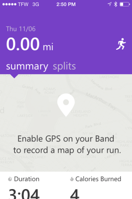 If I could have gotten the GPS radio to connect to the satellite, my run route would have displayed on this screen in the Microsoft Health app.