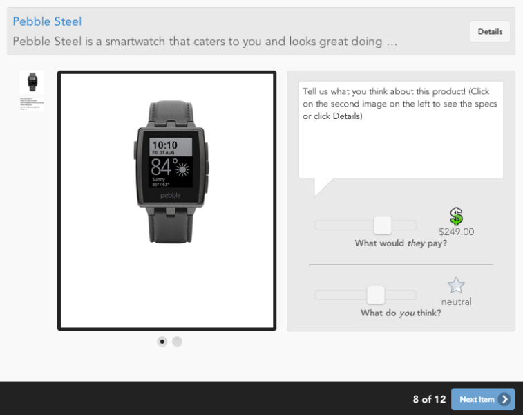 A screen from First Insight's "What would they pay?" game/survey
