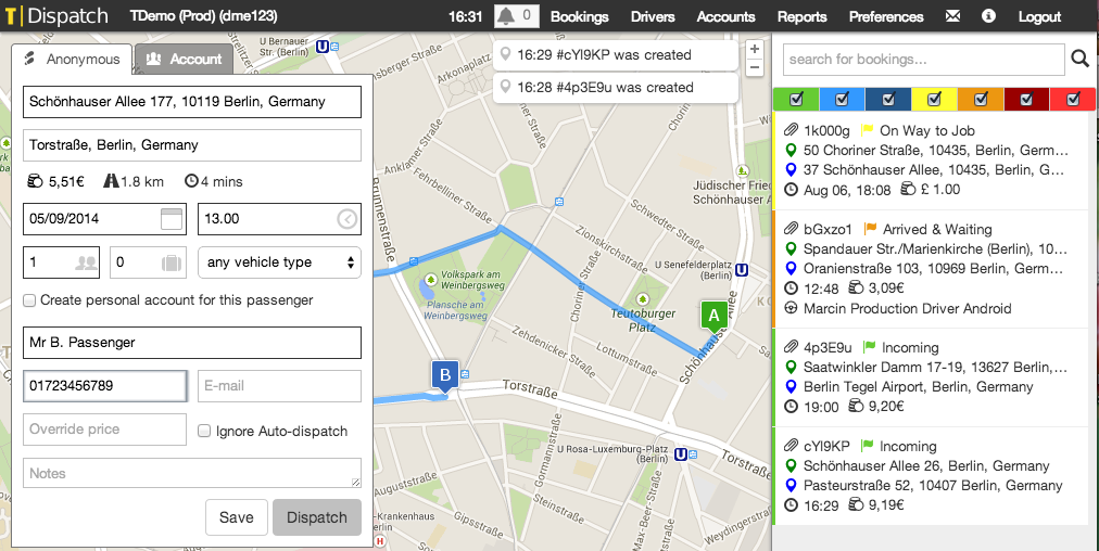 T Dispatch new booking screenshot, with fleet management features.