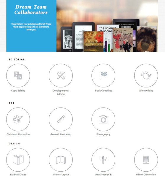 Screenshot of Blurb's Dream Team marketplace.
