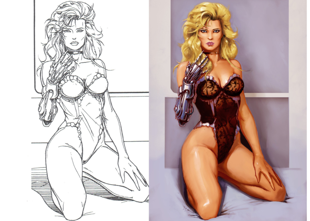 The original sketch that inspired the Cyberpunk 2077 trailer (left).