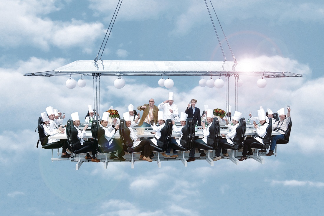 An actual crane-lifted pop-up dinner in the sky