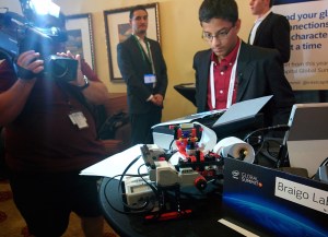 Braigo founder Subhum Banerjee demonstrates his Braille printer for the media at Intel Capital's Global Summit.