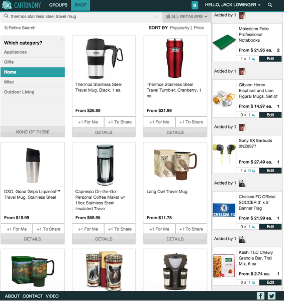 A screen in Cartonomy, with the group shopping cart in the right column