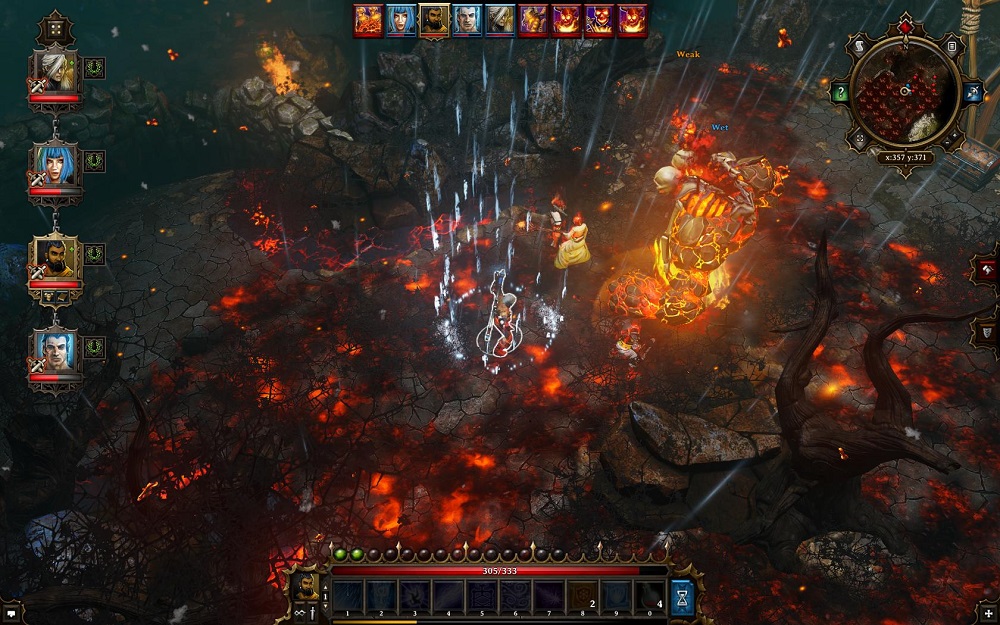 Elements matter in Divinity: Divine Sin. Casting a storm spells not only puts out these fires but also affects that big-ol' flame monster, too.