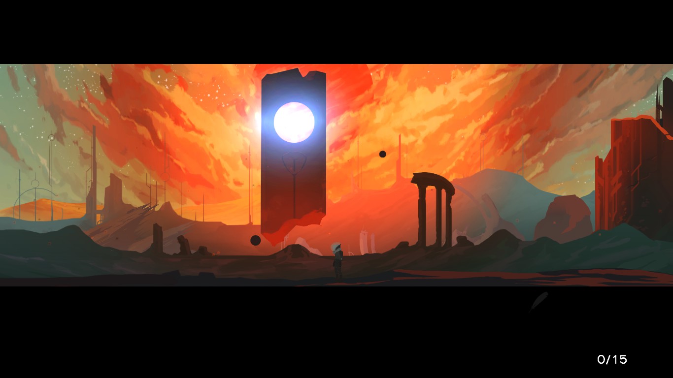 A monolith stands on a desolate, sandy world.