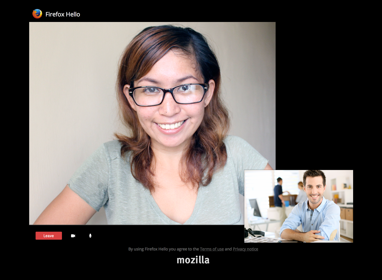 A Hello video conversation screenshot from Firefox 35 beta.