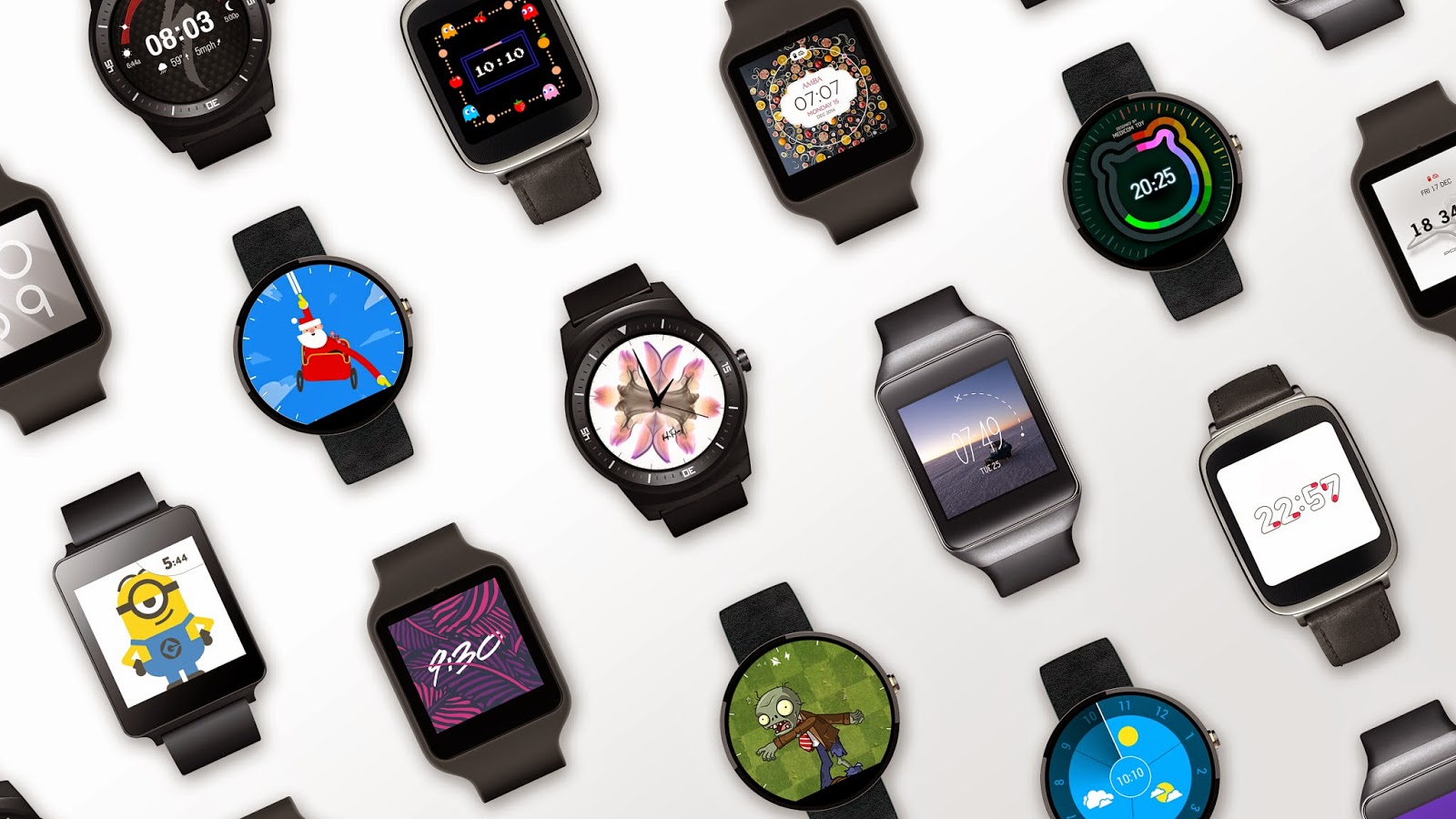 Watch faces include designer, seasonal, and branded looks.