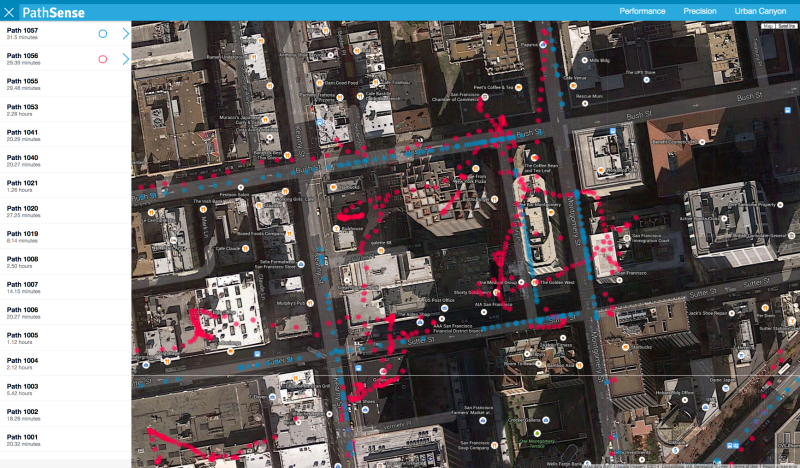 PathSense believes its technology can outdo even GPS for location accuracy. The red dots indicate GPS in a downtown area, while the blue dots are PathSense's tracks.