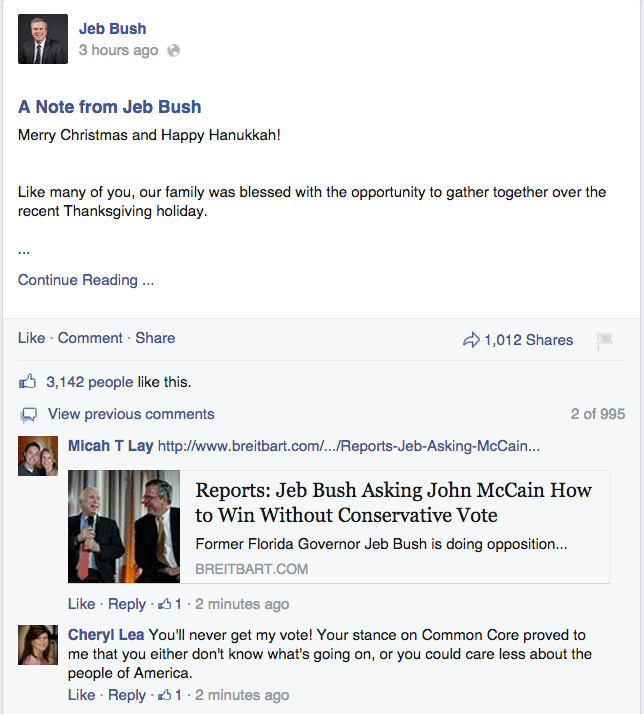 Comments took a decidedly libertarian tone, condemning Jeb Bush for his support of the Common Core educational standards.