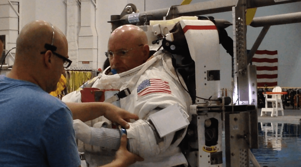 NASA astronaut Scott Kelly prepares for his year in space at the Johnson Space Center's Neutral Buoyancy Lab in Houston.