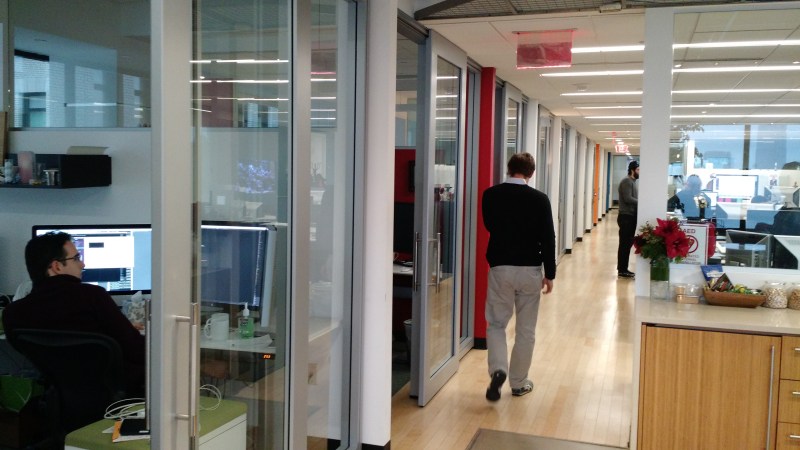 The Fog Creek office in New York, where developers get their own soundproof rooms. 