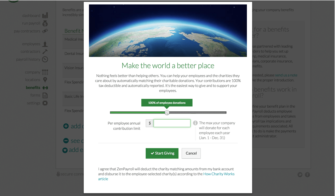 ZenPayroll customers can control what percentage of employee donations a company wants to make.