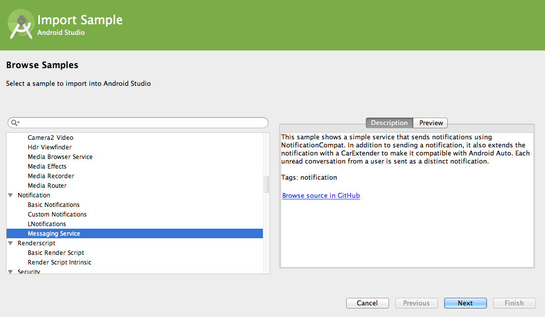 Android Studio now includes new project templates and imports samples.