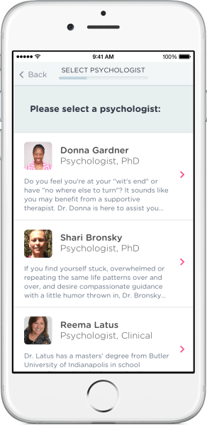 The Psychology portion of the Doctor on Demand app lets you choose a therapist.