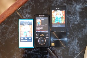 Apple's iPod nano (left), an older Sony NWZ-S736F Walkman (middle), and the Sony NWZ-A17 Hi-Res Walkman (right). Photo by Simon Cohen.