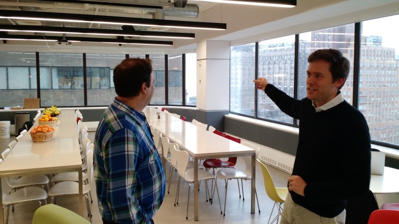 Fog Creek Software cofounder and Trello chief executive Michael Pryor, right, speaks with Joel Spolsky, Fog Creek's other cofounder, at the Fog Creek office in New York.