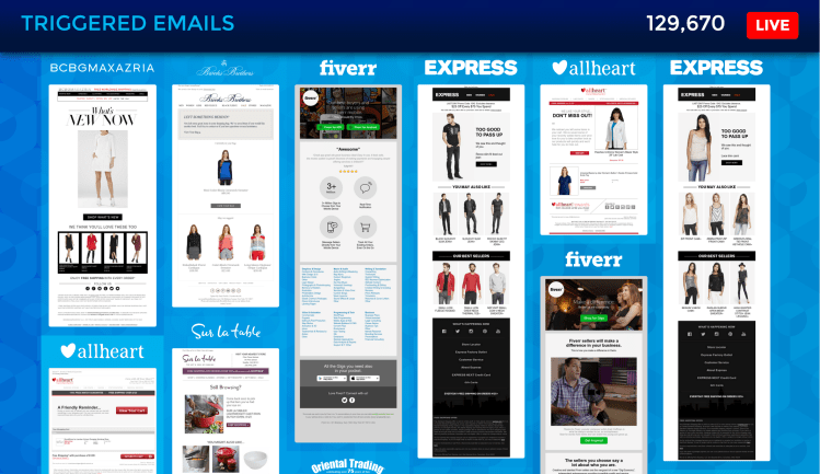 Some of the generated emails sent by Triggermail/Bluecore's platform.