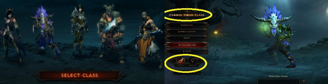 Note the limited character design options — gender and class — in Diablo III.