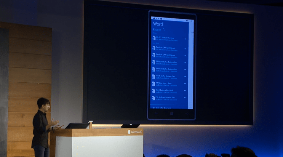Joe Belfiore shows off Windows 10 on mobile at a Microsoft event at company headquarters in Redmond, Wash., on Jan. 21.