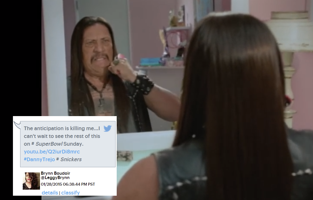 An online teaser of the Snickers ad, with a relevant social post expressing Desire.